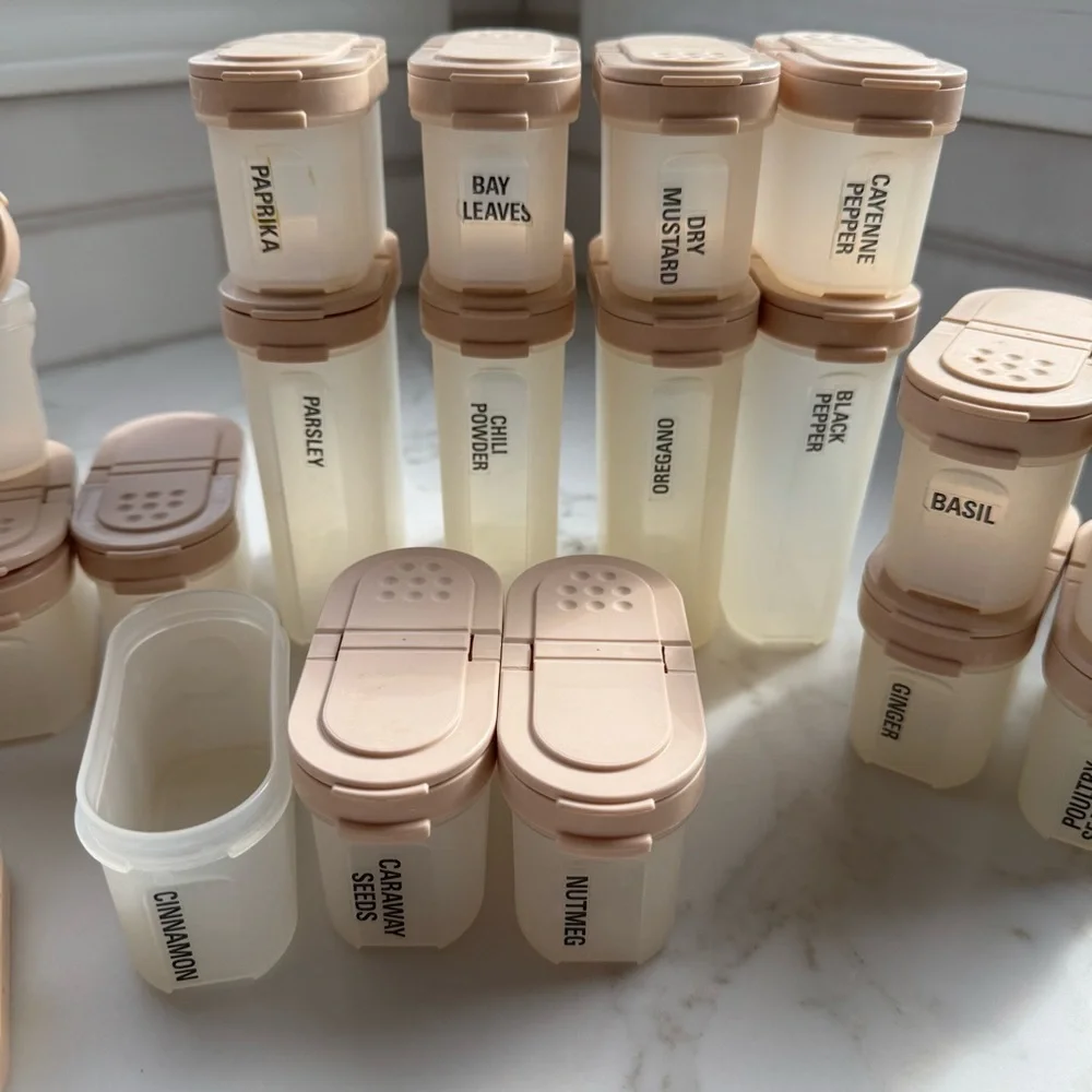 Tupperware 24pc Modular Mates Spice Containers Vintage 80’s Tan and Pink Lids